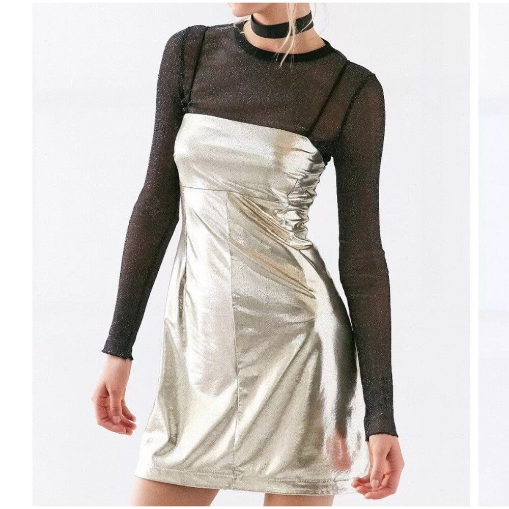 Urban Outfitters Silence + Noise Drita Dress Women’s L Gold Metallic Mini Slip